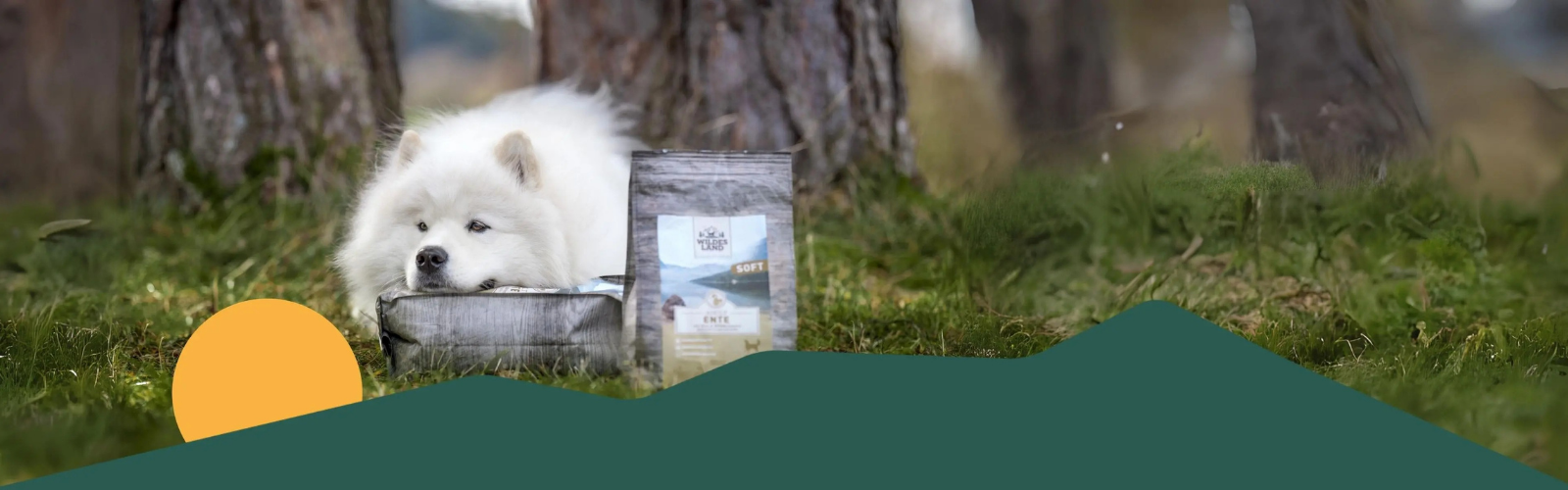 Weißer Hund liegt auf dem Boden hinter einem Sack Softfutter