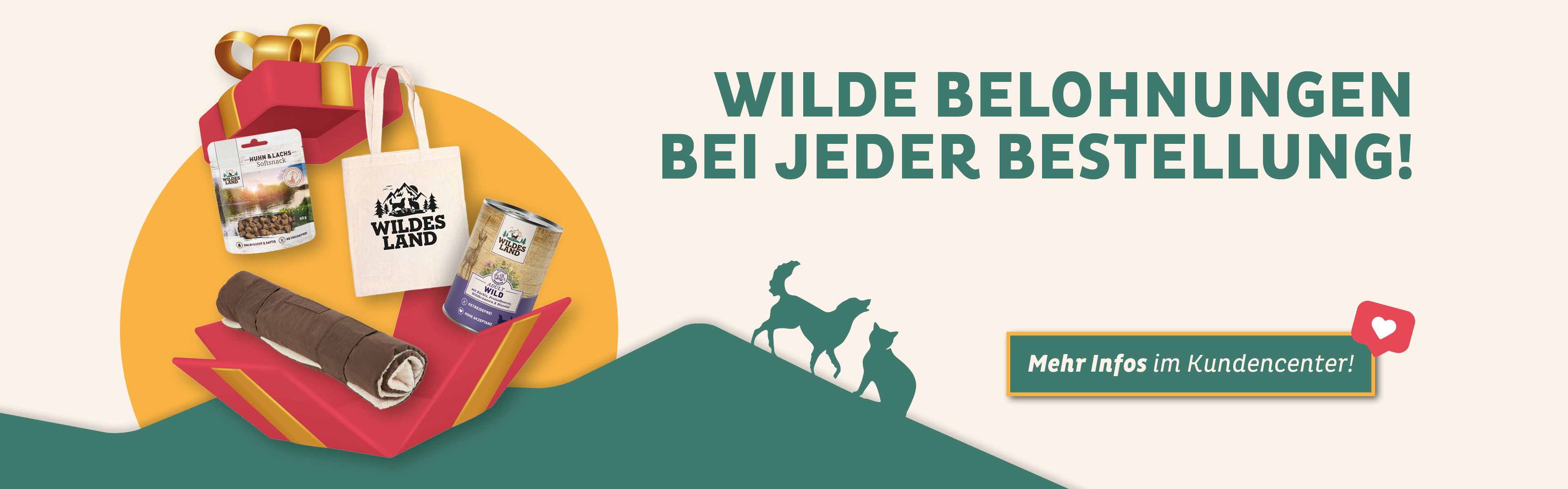 Wilde Belohnungen bei jeder Bestellung: Gratis Snacks, Futter und Accessoires von Wildes Land für Hunde und Katzen.
