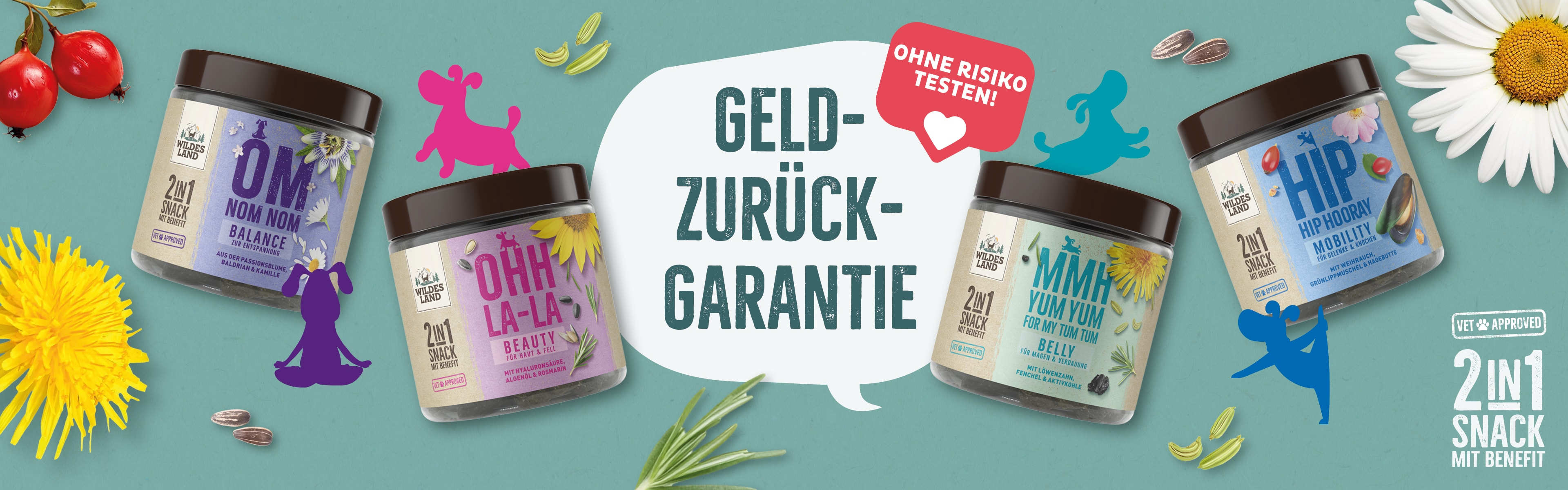 Werbung für die „2in1 Snack mit Benefit“-Serie von Wildes Land mit Geld-zurück-Garantie und der Möglichkeit, risikofrei zu testen. Verschiedene Snack-Varianten sind mit natürlichen Zutaten wie Hagebutten, Löwenzahn, Kamille und Sonnenblumen illustriert, ergänzt durch farbige Hunde-Icons und den Hinweis „Vet Approved“.