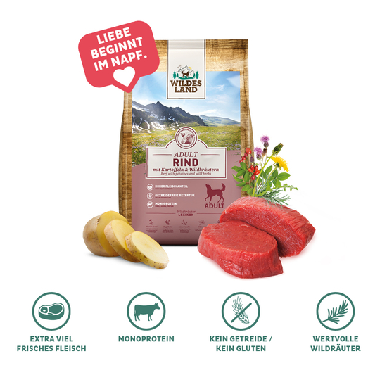 Ein Sack Hunde Trockenfutter Classic Rind: Extra viel frisches Fleisch, Monoprotein, Kein Getreide / Kein Gluten, Wertvolle Wildkräuter