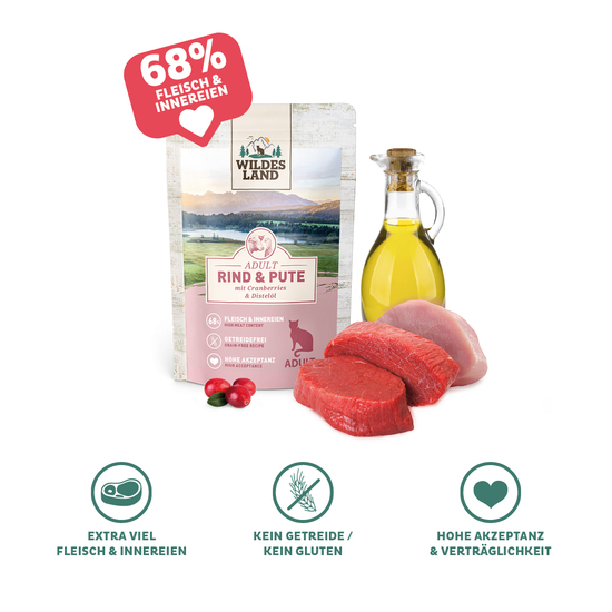Eine Tüte Katzen Nassfutter Classic Rind und Huhn von Wildes Land: 76% Fleisch & Innerein, 100% hergestellt in Deutschland, Extra viel Fleisch & Innerein, Kein Getreide, Hohe Akzeptanz, Bio