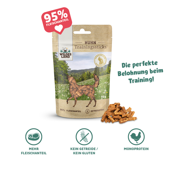 Eine Tüte Trainingssticks Huhn von Wildes Land: Die perfekte Belohnung beim Training! 95% Fleischanteil, 100% hergestellt in Deutschland!