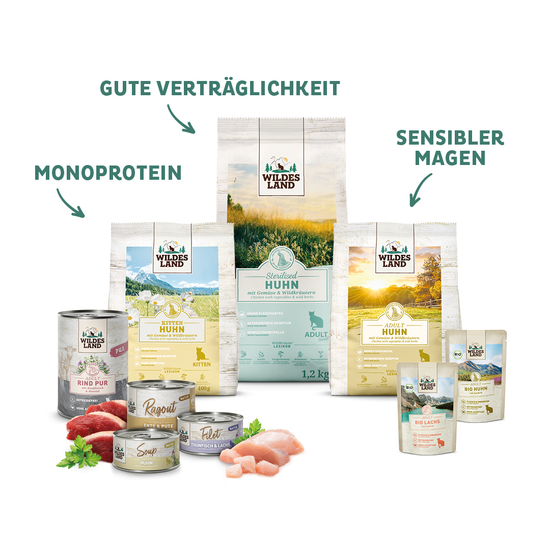 Eine Auswahl an „Wildes Land“-Produkten mit Monoprotein Katzenfutter, bestehend aus Trockenfutter und Nassfutter in Dosen und Pouches. Die Verpackungen heben Eigenschaften wie gute Verträglichkeit und Ernährung für sensible Mägen hervor.