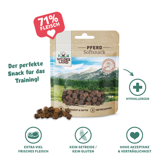 Eine Tüte Softsnacks Pferd von Wildes Land: Der perfekte Snack für das Training! 71% Fleisch!